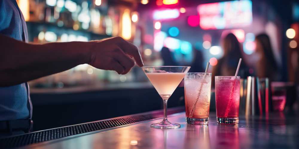 A row of cocktails on a bar