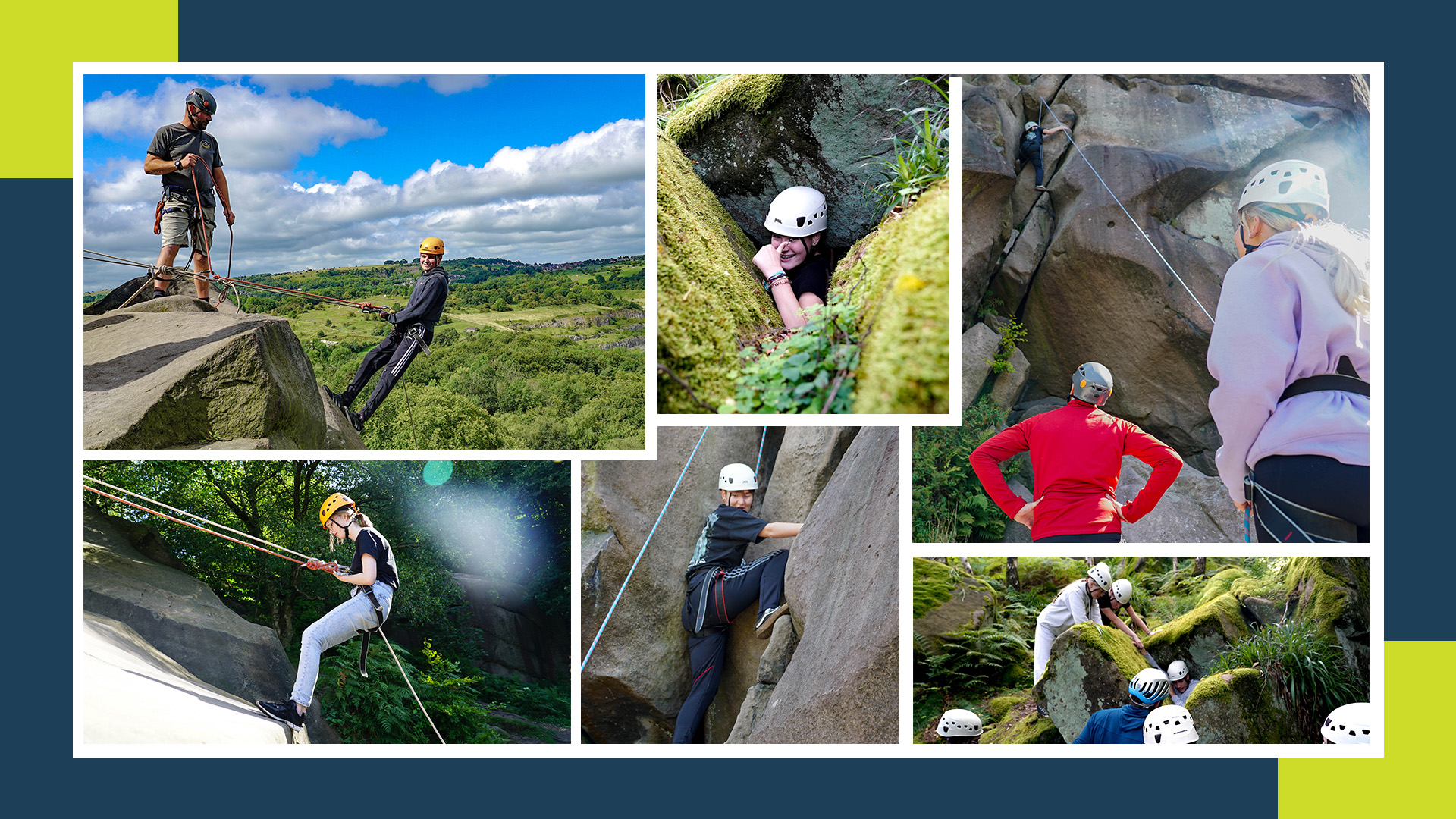 Collage of images of the cadets climbing, abseiling and canoeing. 