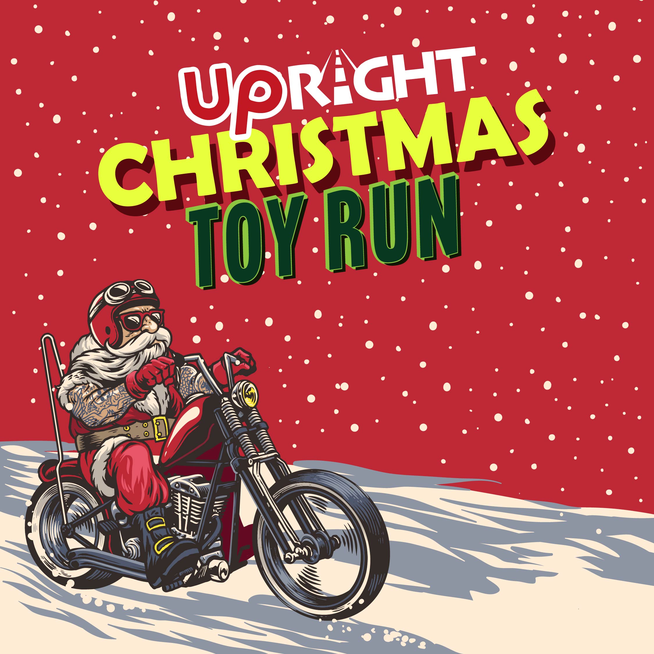 A motorbike rider wearing a Santa suit with the text "UpRight Christmas Toy Run". 