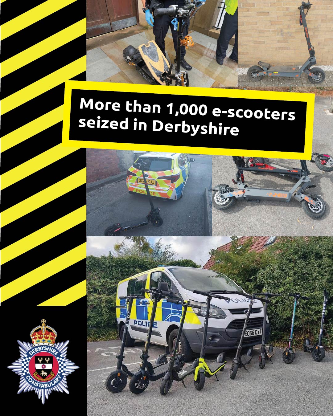 Collage of seized e-scooters - the heading says more than 1,000 e-scooters seized in Derbyshire
