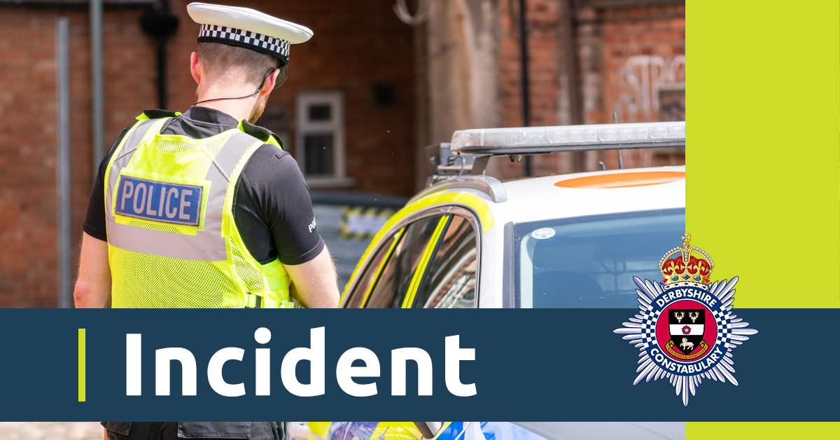 An image of an officer's back. There is also a blue banner with the word incident and the Derbyshire Constabulary crest