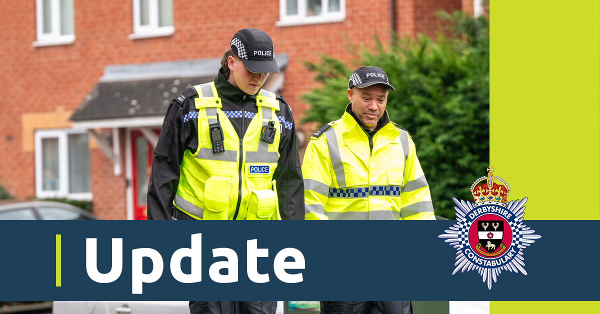 An image of two officers in uniform. There is also a banner with the word update and the Derbyshire Constabulary crest