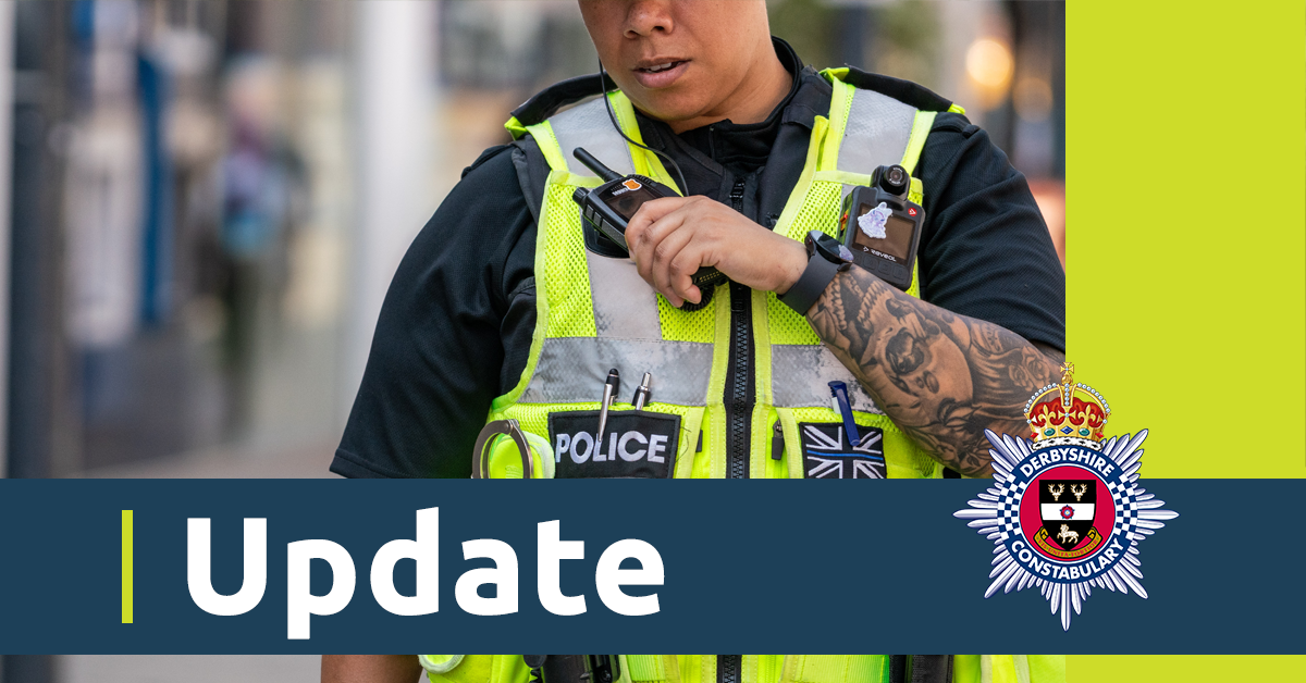 An image of an officer in uniform speaking into a radio. There is also a blue banner with the word update and the Derbyshire Constabulary crest