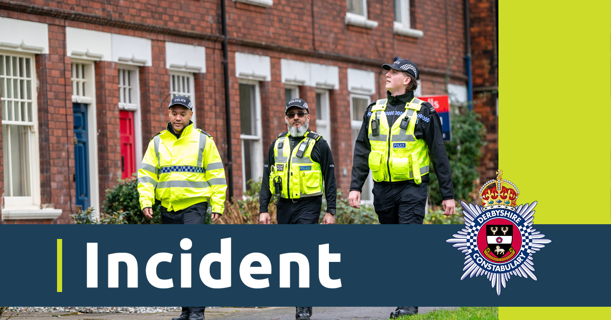 Three officers in uniform out on patrol. There is also a blue banner with the word incident and the Derbyshire Constabulary crest 