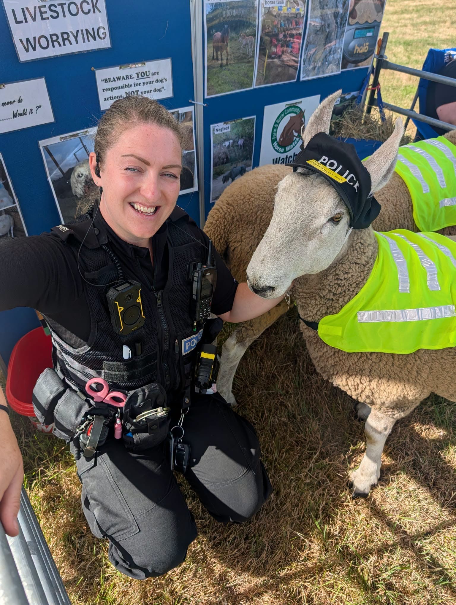 Female officer next to a sheep in a high-vis and police hat